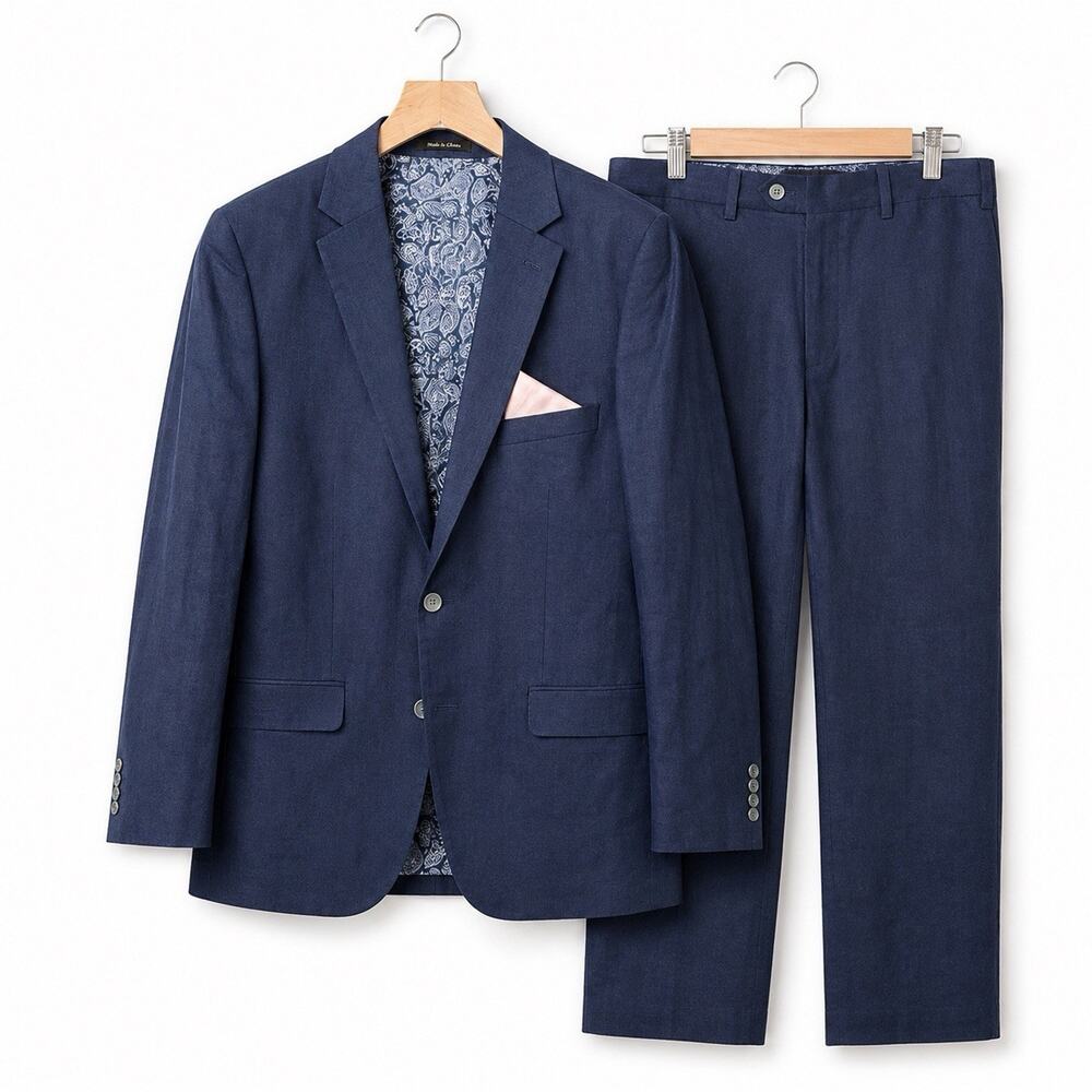 Lauren Ralph Lauren Mens 48L 36x34 Navy 100% Linen 2 Piece Suit Paisley Lined